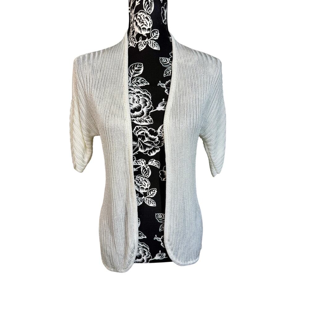 Chico's Size 0 Ivory Ribbed Open Front Cardigan Short Sleeve Layering Knit